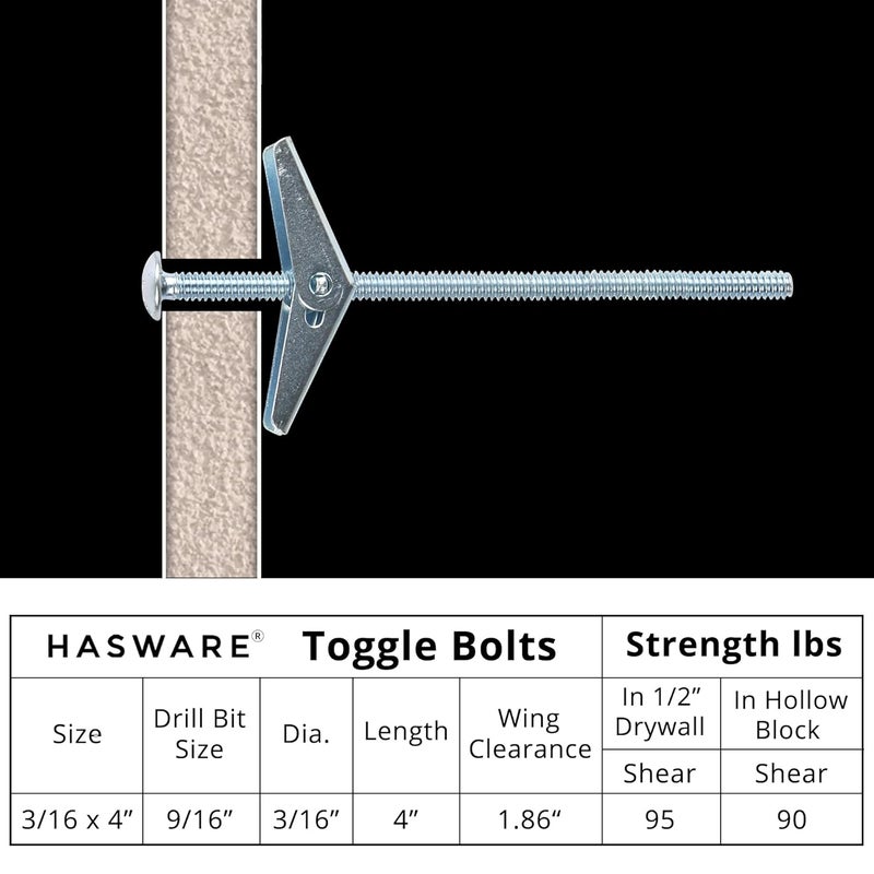 HASWARE Toggle Bolt Zinc Plated Steel and Wing Nut for Hanging Heavy Items on Drywall 3/16x4 (12 Pack) - Image 3